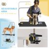 Dog grooming table with adjustable arms, mesh tray, two handles, and rubber surface
